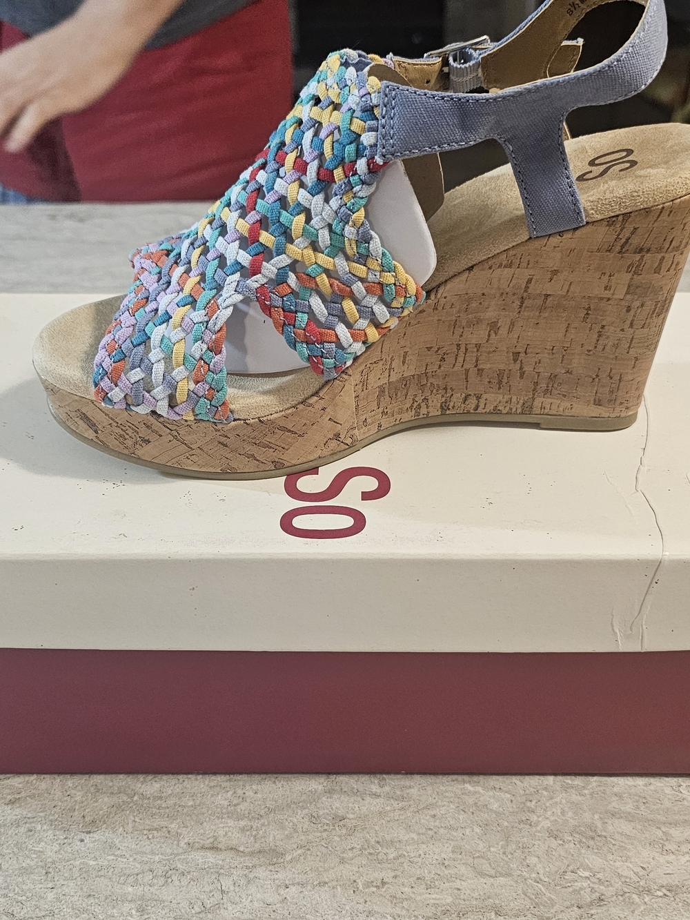 Multi-Color Woven Cork Wedge Sandal with Gray Ankle Strap - Women